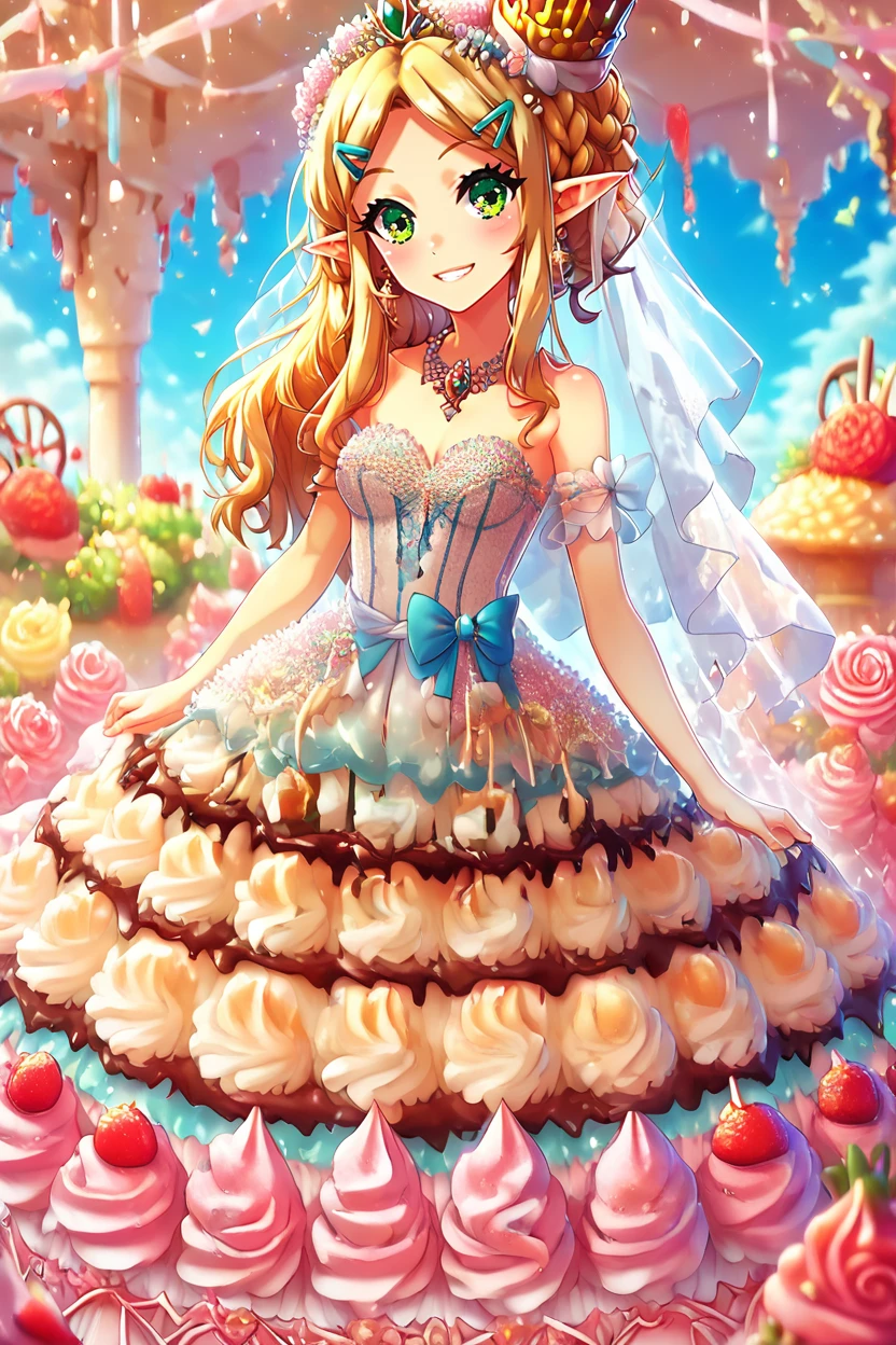 score_9, score_8_up, score_8, zzIceCream, medium breasts, cute, eyelashes, princess zelda, long hair, crown braid, hairclip, pointy ears, green eyes, wedding dress, bridal attire, solo, looking at viewer, smile, blush,   <lora:IceCreamWorld_PDXL:1.0>,  ,,, <lora:PrismaIllya_PDXL_v3:1.0>,  embedding:zPDXL,  <lora:SDXLFaeTastic2400:0.5>,  <lora:Expressive_H-000001:0.4>,