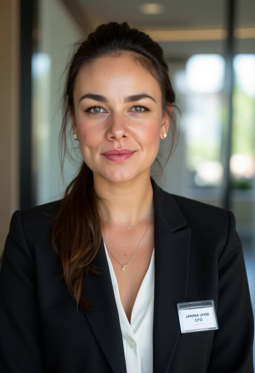 a photo of janinauhse. She is looking at the camera with a serious and neutral facial expression, lips pressed together. She is wearing an subtle necklace, earrings, and lipstick. She is wearing a black business suit and white business shirt. She wears a name badge with the text \"Janina Uhse, CFO\". The background is blurry and shows the financial department of a large company.