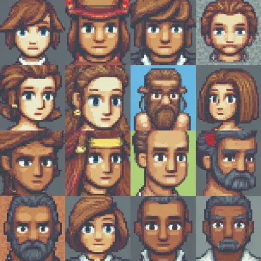 TimeFantasy, pixel art,  a collection of 20 characters with brown hair arranged in a grid