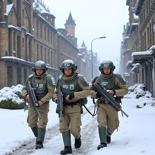 three imperial guardsmen holding rifles patrol a ruined brutalist city street in a snow storm