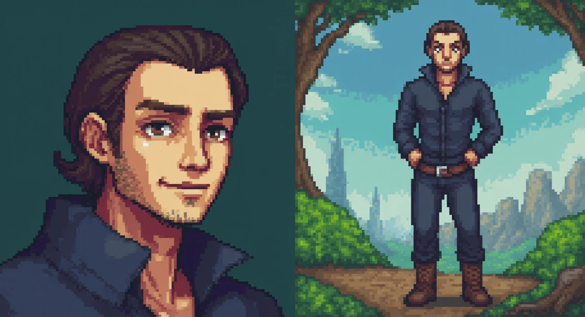 TimeFantasy, pixel art, on the left side a portrait of a mans face and on the right side a full body image, <lora:TimeFantasy-000011:1>