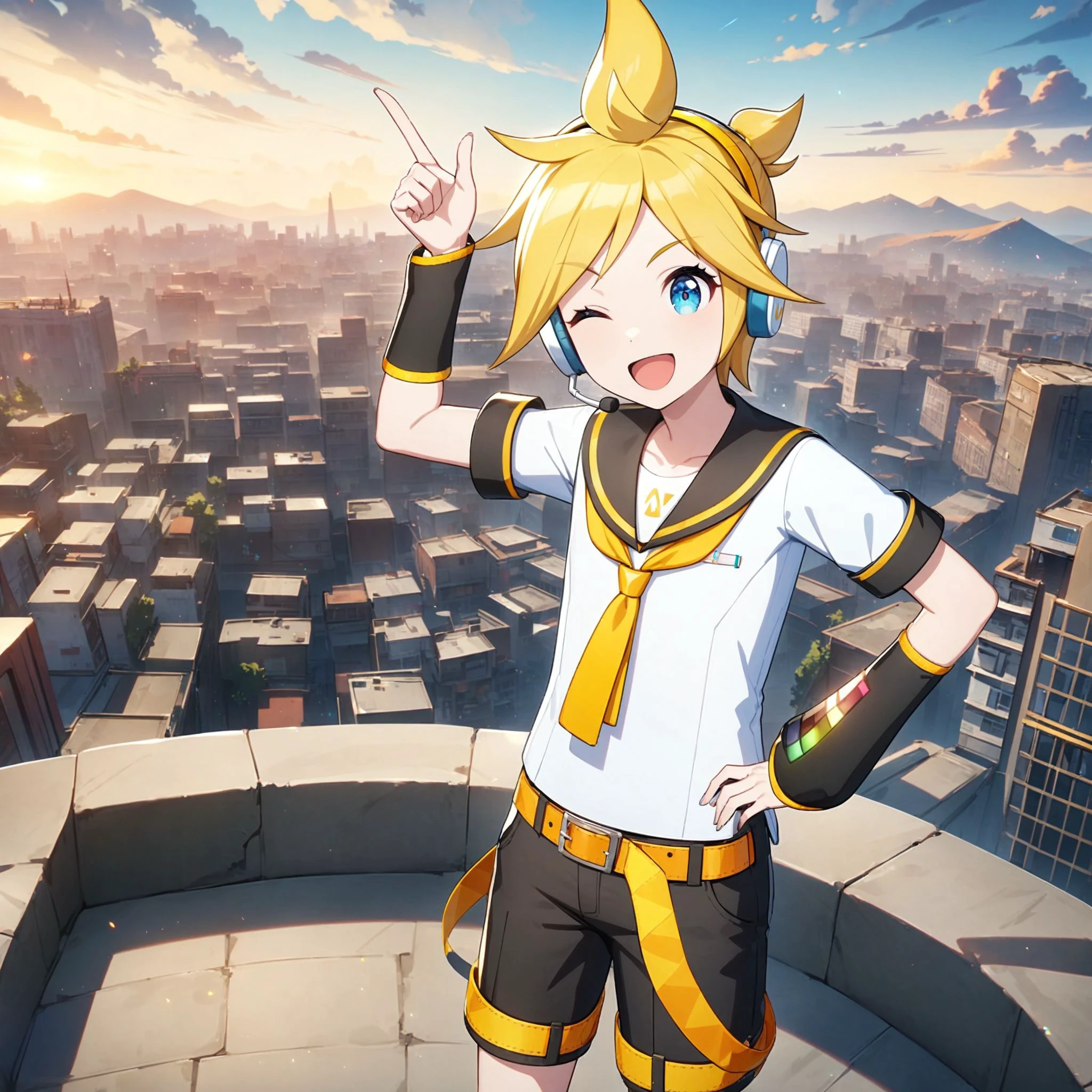 1boy, kagamine len, vocaroid, masterpiece, very aesthetic, absurdres, official art, newest,
default len, solo, blonde short hair, blue eyes, swept bangs,  cowboy shot,
(looking at viewer:1.4), contrapost, hand on hip, arm up, pointing up, index finger raised, :D, one eye closed, BREAK
headphones, headset, white shirt, short sleeves, grey sailor collar, yellow necktie, white hair ribbon, grey arm warmer, detached arm warmer, orange belt, 
beautiful blue sky, cumulonimbus, group of buildings, 1Contrail, cityscape, warm light, the top of the hill, Overlooking the cityscape, scenery, Looking down on the city from the roof of a building, 
 <lora:sdxl-vs-DefaultLen01:0.8:lbw=0,0,0.2,0.2,0,0.4,0.4,0,0.8,0.8,0,0,0,0.8,0.8,0.6,0.8,0.0,0.0,0.0,0,0,0,0,0,0>