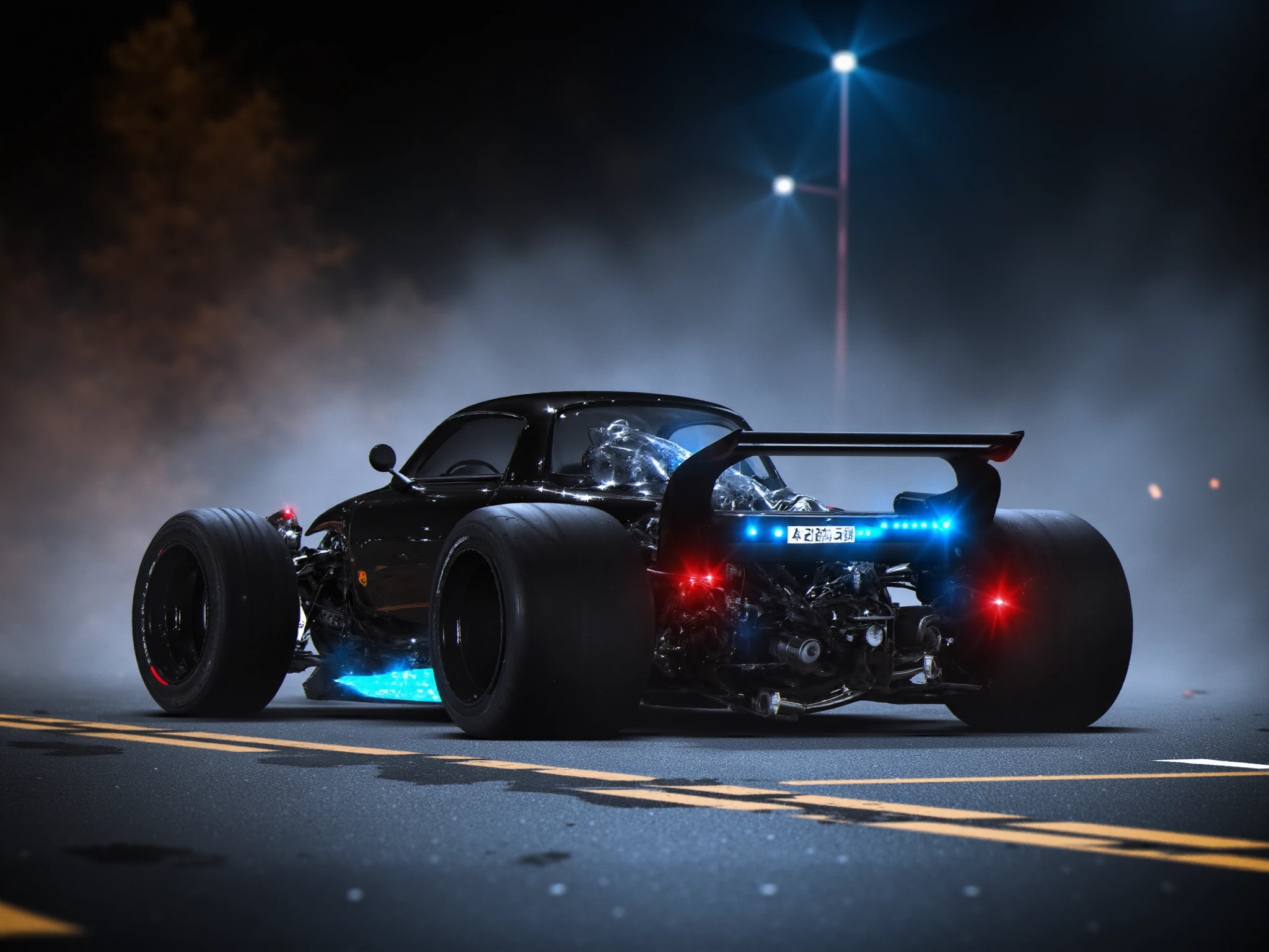 FC1, FuturisticCar, (intrincated details:1.5), (photorealistic), (masterpiece), (photography),  cinematic lighting, (hyperrealistic:1.2), 8K, 300mm vehicle focus, cyberpunk sports car, cyberpunk garage, ground vehicle, motor vehicle, , scenery, solo, night time, wide tyres, autonomous vehicle,(car led lights), (opaque windows:), steam coming out of the exhausts, (lens flare, film noise, diffused glow.1.5), (reflections and shine:1.5), (diffraction and chromatic aberration:1.5), (without license plate), (extremely shiny car paint), (tires with a lot of negative camber), Drone Cars sparks floating, (dust and scratches film:1.2), (vintage color grading:1.3), dense environment, (old photo style)