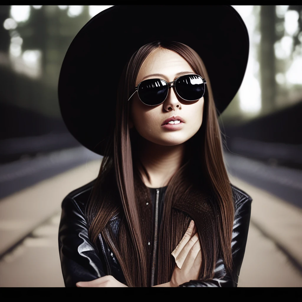 1girl, letterboxed, sunglasses, long hair, brown hair, leather jacket, blurry background, hat, denim jacket, parted lips