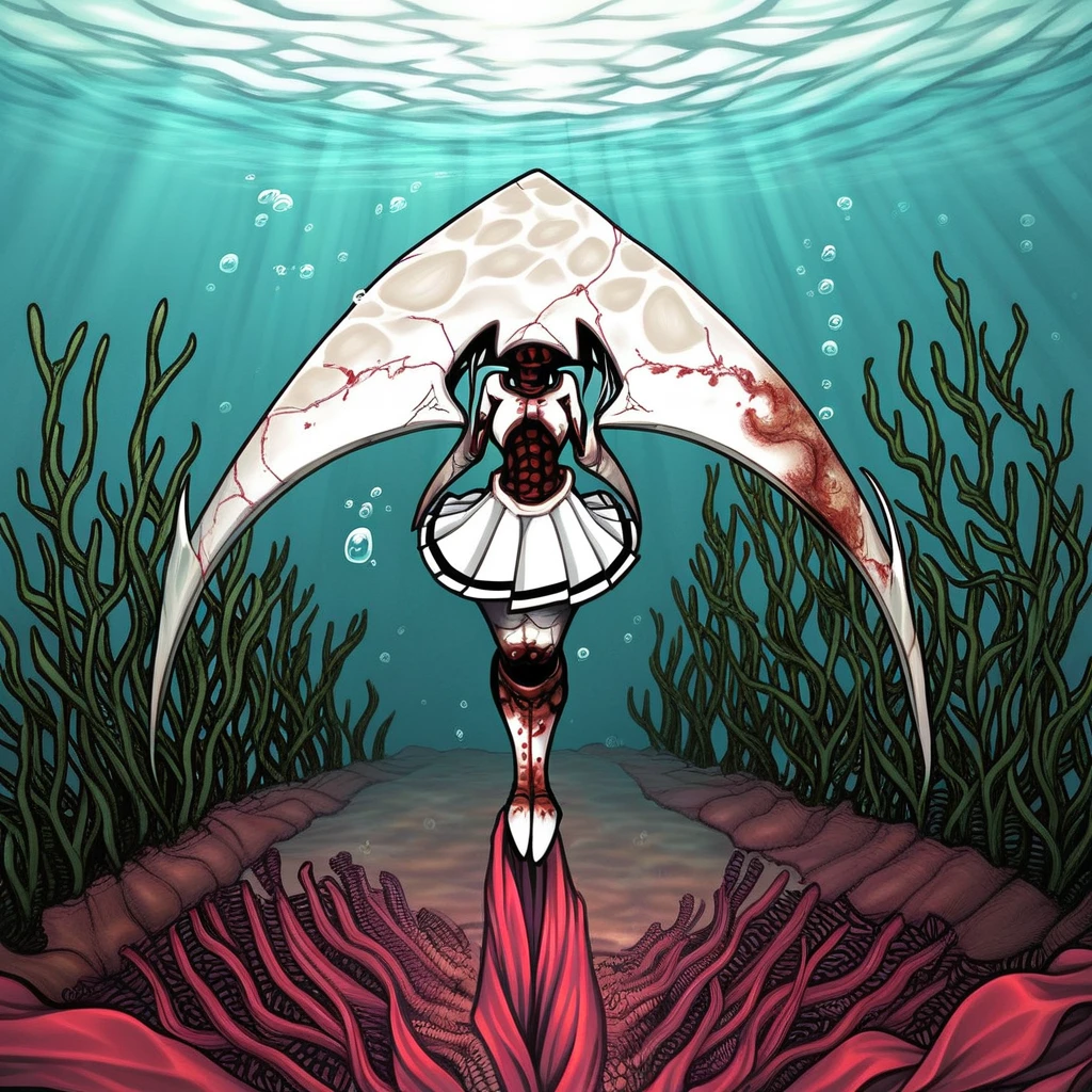 no humans, pleated skirt, full body, no face, underwater, no eyes, blood