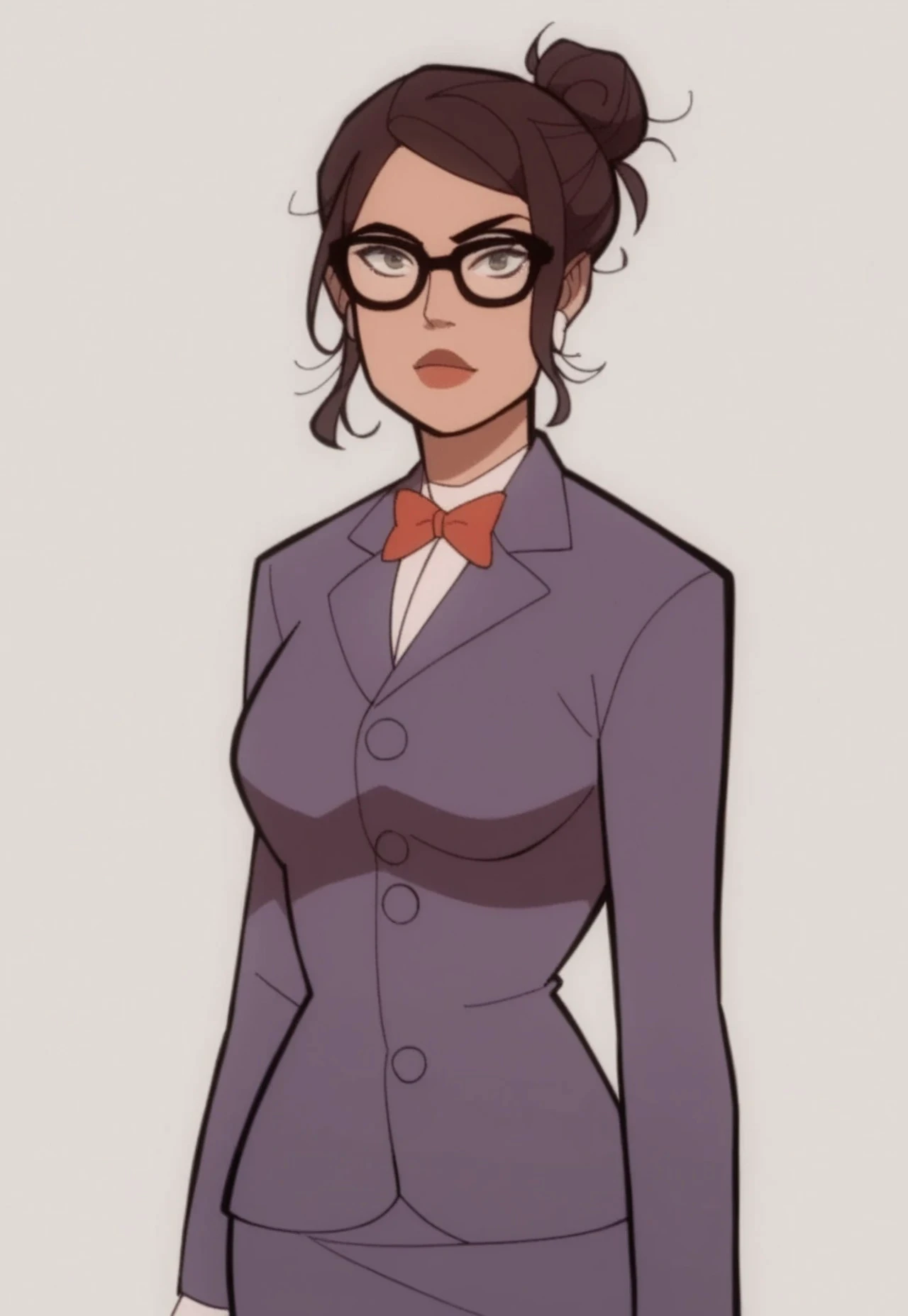 safe_pos, score_9, score_8_up, score_7_up, score_6_up, score_5_up, score_4_up, cartoon,animated,drawing,1girl, wonderwoman,formal, suit, blazer, blouse, bowtie, single hair bun,messy hair, without hat, glasses, pencil skirt, white background, cowboy shot,medium breasts,looking at viewer