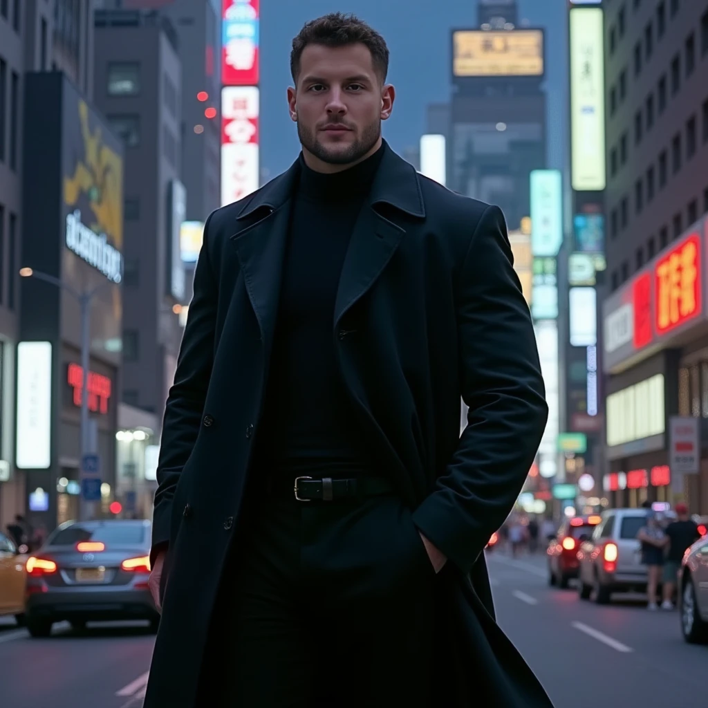 photo of a man, looking at viewer, wearing a long black trench-coat futuristic city in the background in the style of the 90s anime Akira., n1ck