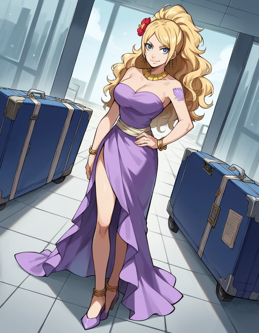 score_9, score_8_up, score_7_up, source_anime, <lora:jenny-realight-anime-ponyxl-lora-nochekaiser:1>, jenny realight, long hair, blue eyes, blonde hair, wavy hair, swept bangs, large breasts,, hair ornament, dress, cleavage, bare shoulders, jewelry, ponytail, flower, earrings, shoes, hair flower, high heels, bracelet, legs, strapless, tattoo, strapless dress, side slit, purple dress,, airport, waiting area, suitcase, flight delayed, passengers, reading book, smile, , hand on hip, solo,, cowboy shot, dutch angle