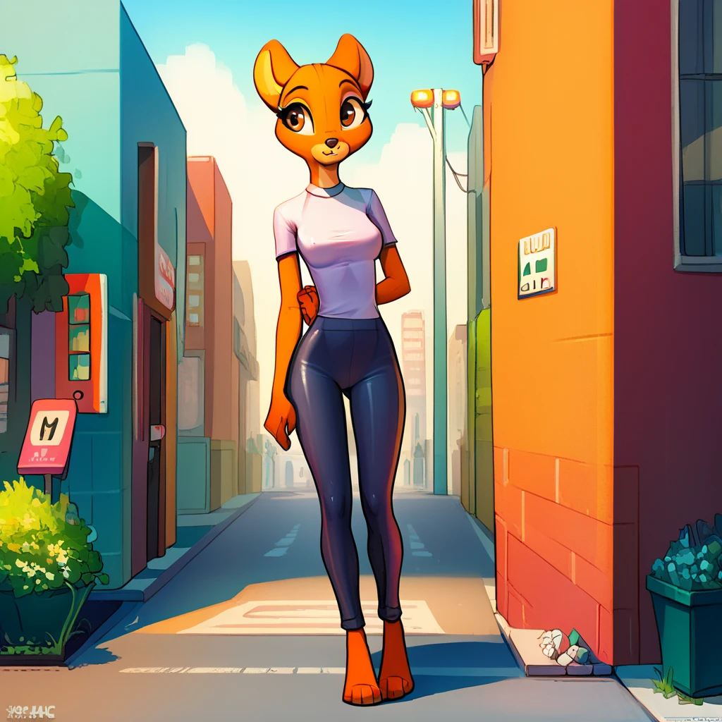 hi_res, score_9, score_8_up, (frontv), 1girl, solo, source_furry, sexy furry girl, (full body, slim, tight shirt, tight pants), clothed, standing, city, street, sidewalk <lora:Standard_Poses:1>