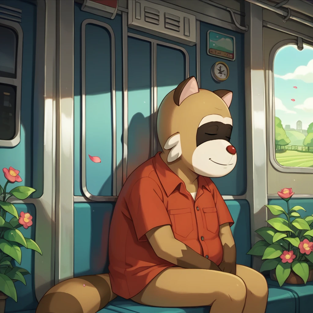 score_9, score_8_up,score_7, score_6_up, anime_source, flowers, falling petals, sunlight, magical place, <lora:rascal-v2-16:1> rdrascal, raccoon, (gnome), 1boy, solo red shirt, sitting, train_station, sleeping, hot day, sleeping, nude, male focus