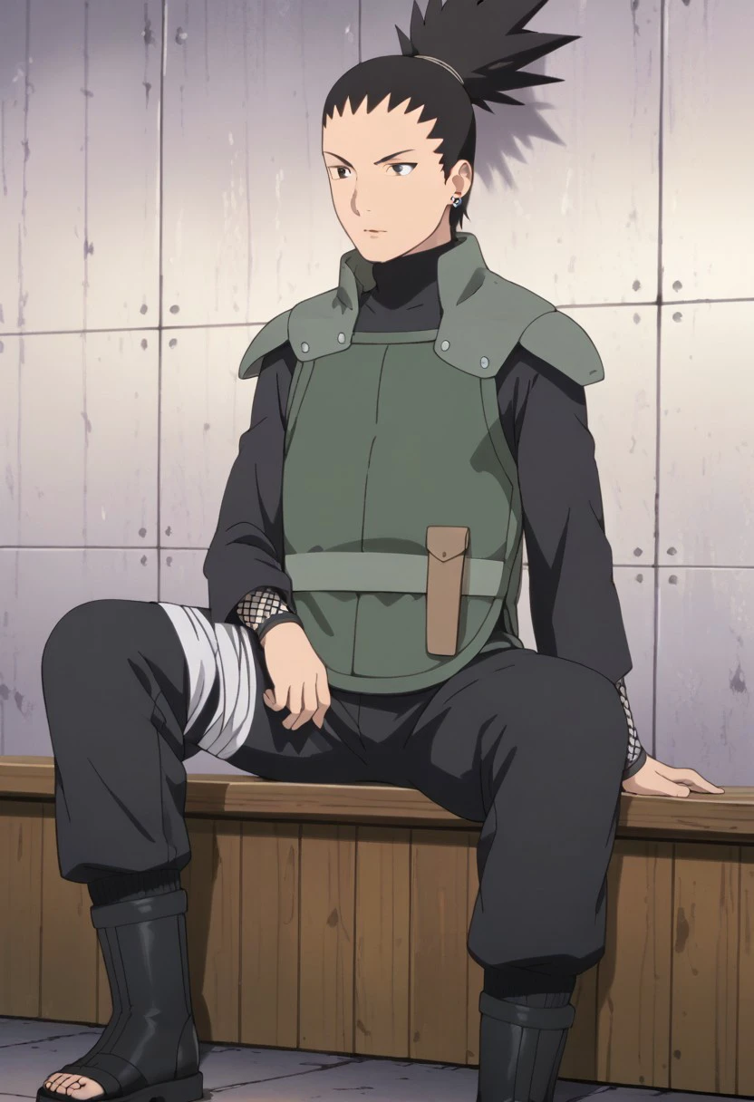 score_9, score_8_up, score_7_up, source_anime, rating_safe, ShikamaruNS, black_Shikamaru_hair, greyish yellow_Shikamaru_hair tie, black_eyes, grey_Shikamaru_stud earrings, 1boy, male focus anime screencap, green_Shikamaru_shoulder pads, green_Shikamaru_vest, black_Shikamaru_turtleneck, black-grey_Shikamaru_fishnet long sleeves, light greyish green_Shikamaru_waist belt, brown_Shikamaru_pouch, black_Shikamaru_pants, light greyish, white-blue_Shikamaru_bandaged thigh, black_Shikamaru_toeless footwear, sitting,