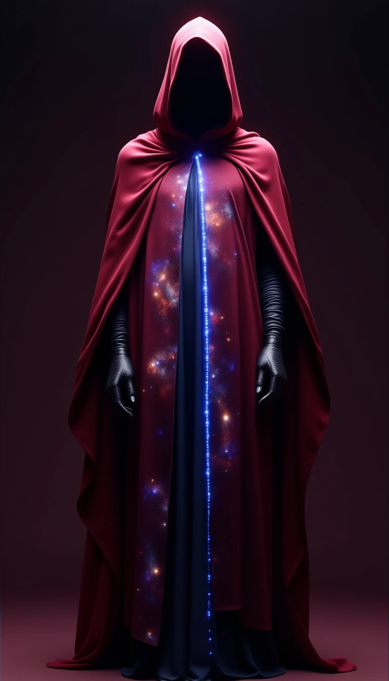 <lora:XRayStyleFlux:1.0>CosmicStyle, Burgundy person cloaked in an iridescent silk cape with glowing LED trim