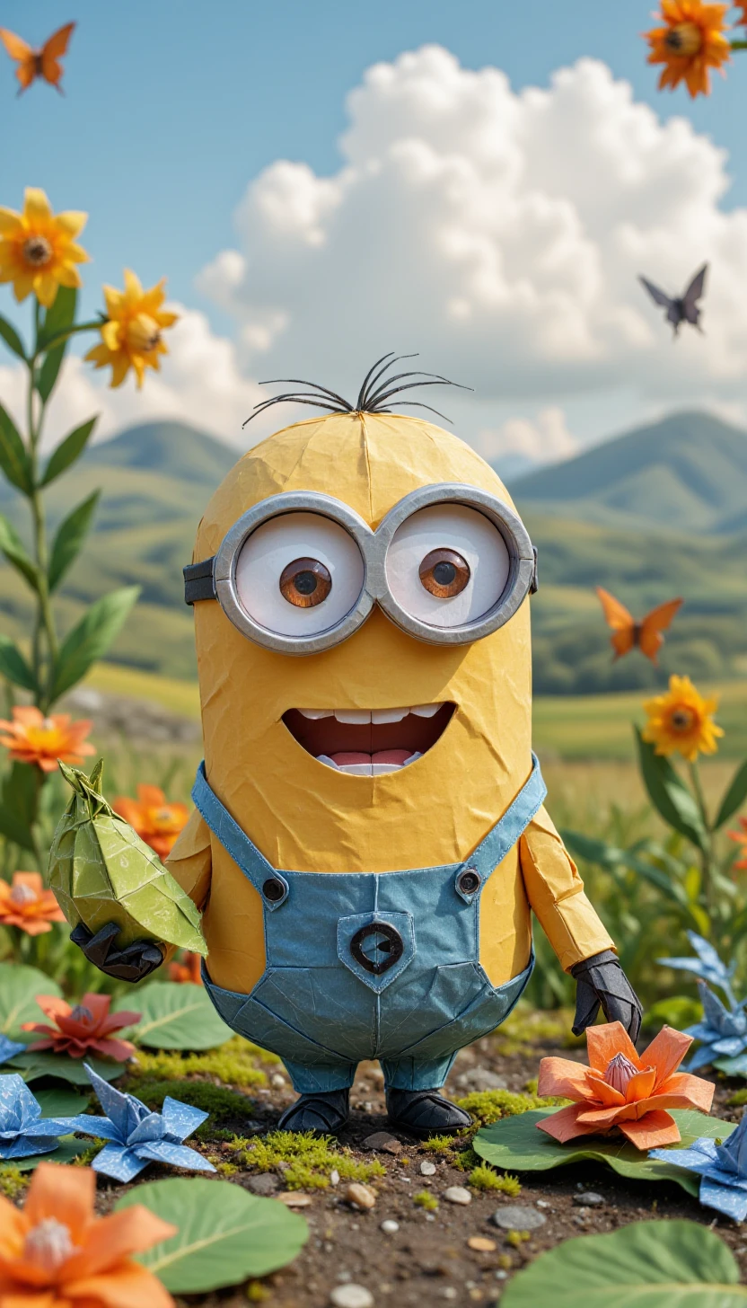 0r1gam1styl3, origami art, a minion looking happy in a garden, holding a banana