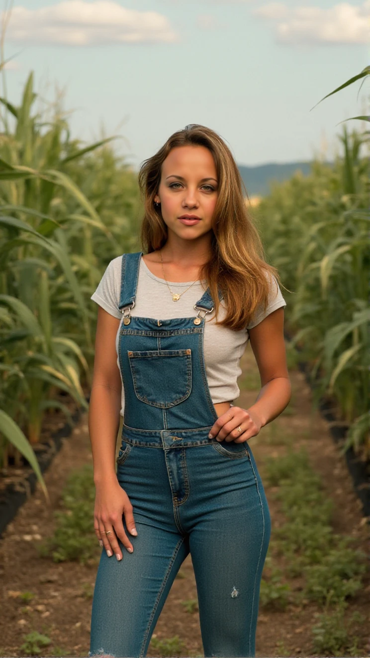 Gauge, a woman. she wears a t-shirt and overalls, hippy style, farm<lora:Gauge:0.9>