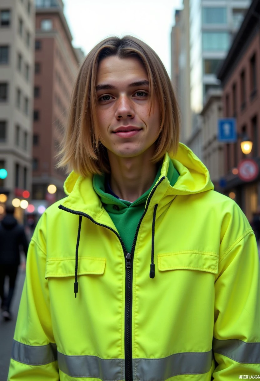 a young man, in big city , 90s green and yellow fluorescence clothes , green eyes, [(smooth long blonde hair)]