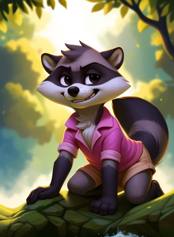 <lora:RenaldoTinTooLooYif:1> RenaldoTinTooLoo, raccoon, male, pink shirt, gray shorts, black eyes, white sclera, gold earring, chibi,
[  solo, (nature), forest, day, clouds, waterfall,  grin,]   (all fours,)
(beautiful, aesthetic, perfect, delicate, intricate, saturated colors), masterpiece, digital drawing, best quality,
by ulitochka, by taran fiddler, by Silverfox5213, by personalami,