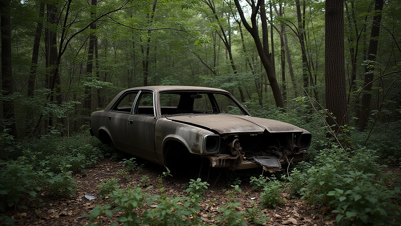 a photo of a abandoned forgotten car wreck in the bushes , <lora:Car crash:1.1>