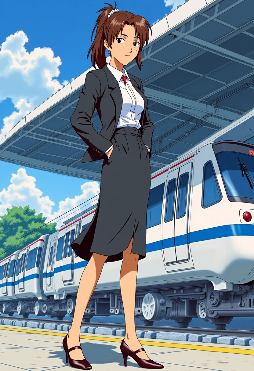 A detailed portrait of horaki hikari. She has dark brown hair.
Anime style, sharp, high contrast and highly detailed, high resolution. Ghibli anime style. Perfect anatomy. Perfect body ratio. No oversized head. No blurry, out of focus pictures. No simple background, no single color background.
She is standing in front of a futuristic train station. She wears office suit, shirt, tapered skirt and high heels. She looks like a beautiful, mature professional working woman. She is looking at the camera with a light smile. 
<lora:Hikari Horaki - Flux Prototype_epoch_2:1>