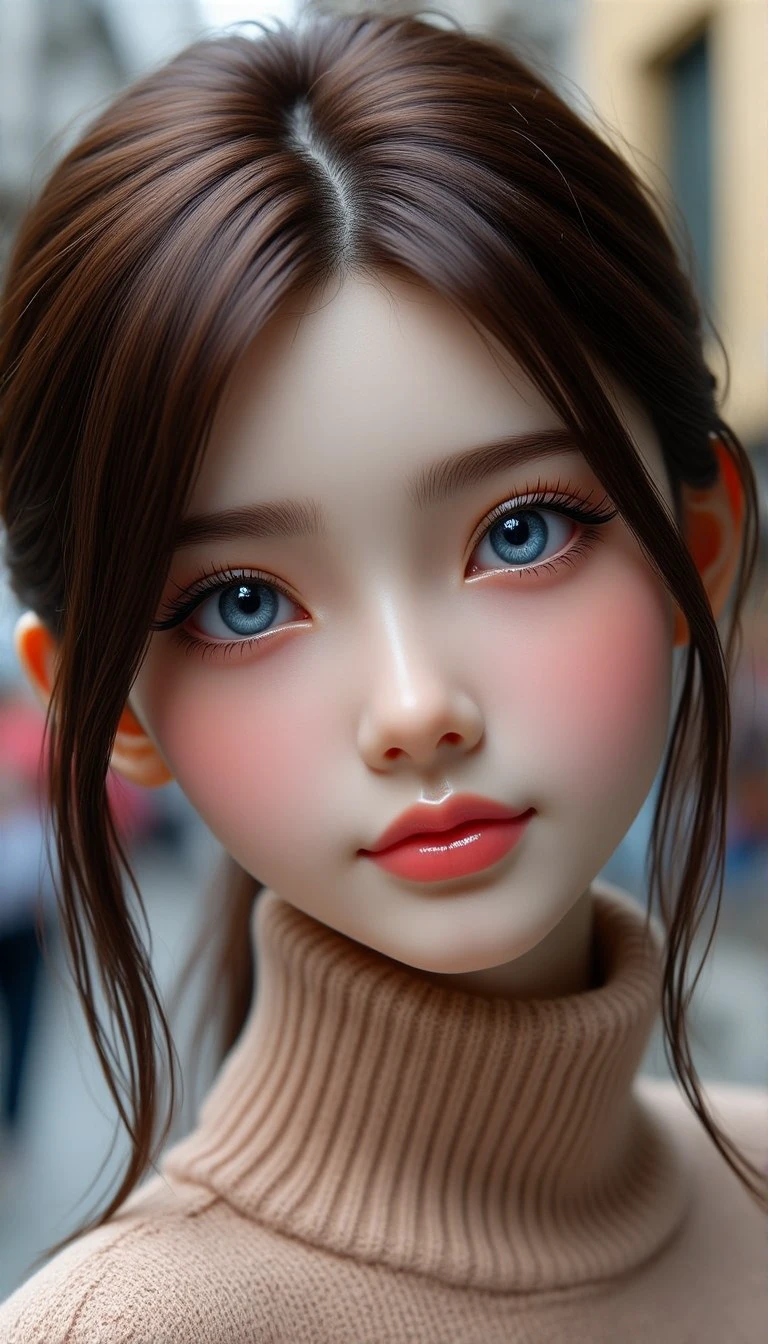 A tender close-up captures the porcelain perfection of a female doll's head and shoulders, her bright blue eyes sparkling like gemstones against her rich brown locks. A darker brown outline defines her eyebrows, while a soft light brown sweater wraps around her petite frame. Her lips, a delicate shade of pink, curve into a gentle smile. The background is a hazy blur, with the distant silhouettes of people adding depth to the composition.