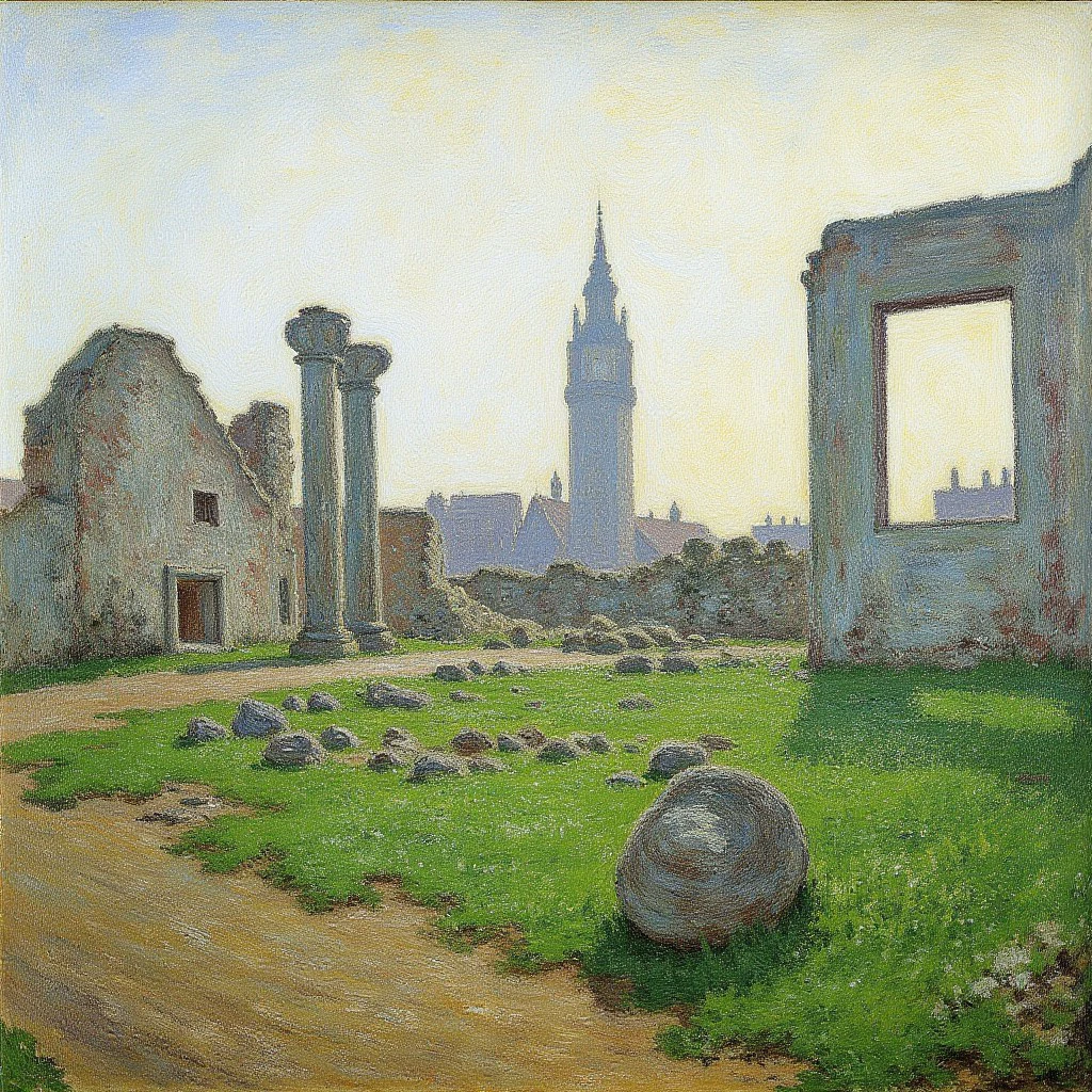 Impressionism \(Oscar-Claude Monet\), The image is a painting of a landscape with urban building ruins