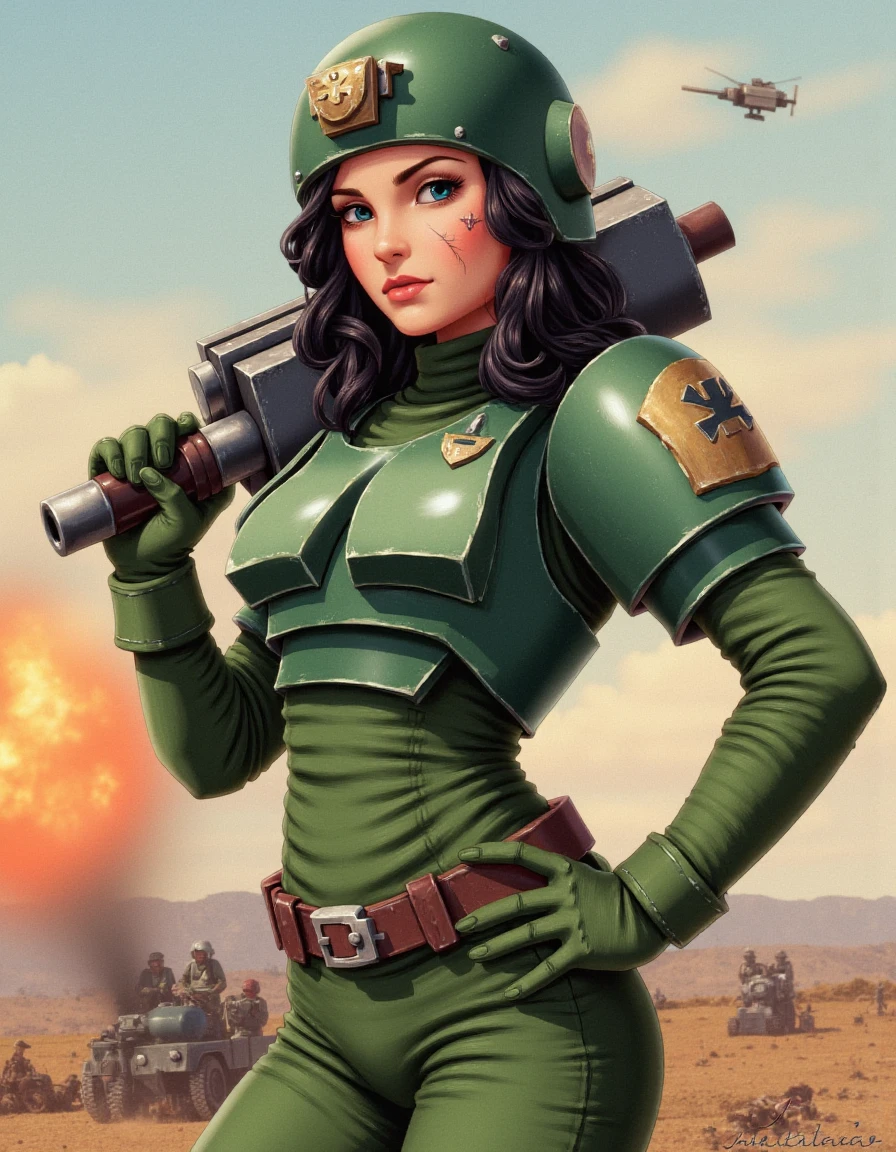 In a pin-up style illustration, imagine a Cadian female officer, her form blending strength and poise with a touch of classic elegance. She stands confidently with one hand resting on her bolter, the other placed on her hip, her pristine uniform modified to be more fitted, subtly accentuating her athletic build. Her helmet is cocked slightly to the side, allowing dark hair to cascade out in loose waves, framing her sharp, battle-hardened features. The deep scar across her cheek adds a dash of rugged allure to her otherwise composed expression, her steel-blue eyes staring directly at the viewer with a mix of determination and charm. Her Cadian armor gleams with a well-maintained sheen, but its form-fitting design enhances her femininity without compromising her authority. The background is a soft, stylized version of a warzone, with distant explosions and smoke painted in pastels, keeping the focus on her poised figure and confident stance.