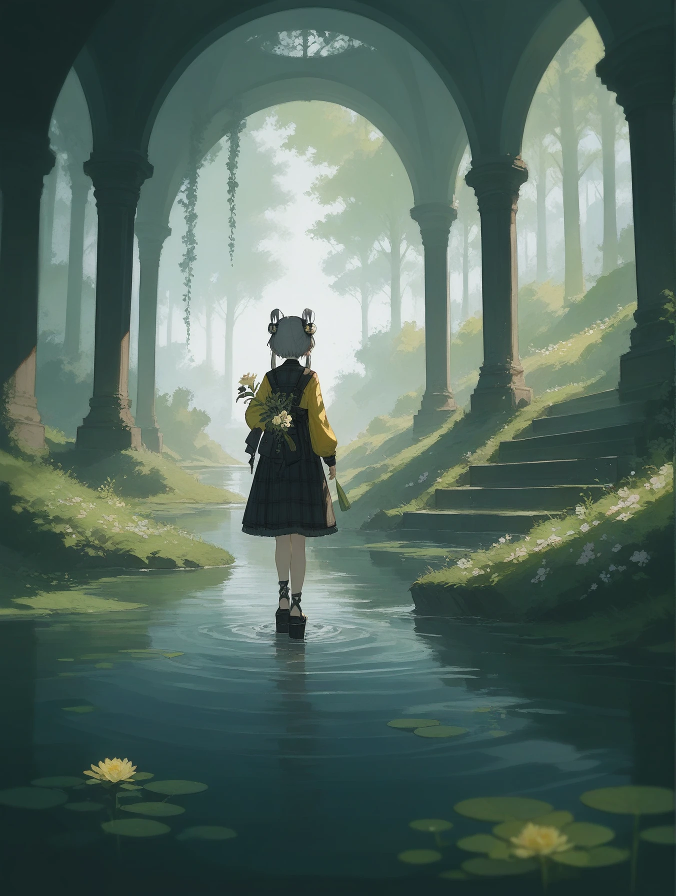 (score_9,score_8_up,score_7_up),1girl,green eyes,grey hair,hair ornament,hair rings,short hair with long locks,hair tubes,sandals,black footwear,platform footwear,black gothic dress,leaning_back,leaning_on_object,leaning_forward,watercolor \(medium\),best quality,masterpiece,amazing quality,best aesthetic,absurdres,bust,flower,solo,yellow jacket,black hair,stairs,wading,water,outdoors,holding flower,from behind,holding,plaid,plant,standing,scenery,long sleeves,overgrown,facing away,