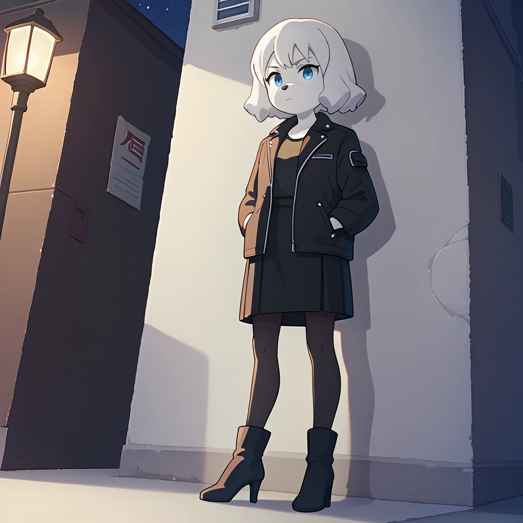 score_9, score_8_up, score_7_up, 1girl, solo, uncensored, <lora:RuiNikaidouXL_v1.0:1> rui nikaidou, dog nose, closed mouth, serious, leaning back, against wall, hands in pockets, dutch angle, white fur, white skin, black jacket, black shirt, black skirt, black pantyhose, black high heel boots,  outdoors, (night:1.5), dark, city, alley, street lantern