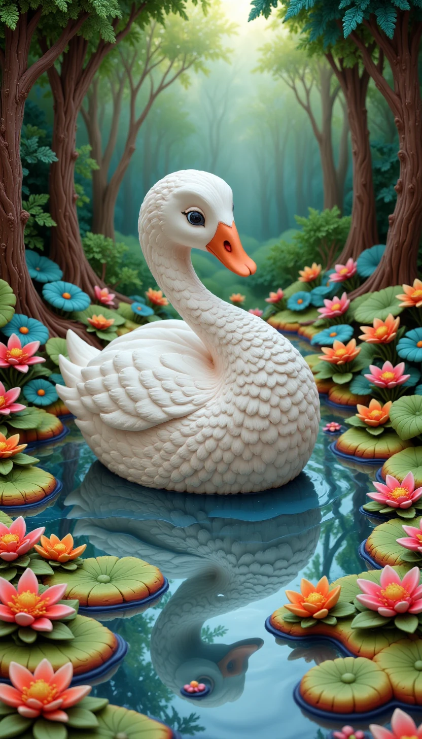 p1nk1ecl4y, clay art, a cute swan in a serene pond, lotus flowers, lily pads, reflective water surface, serene atmosphere
