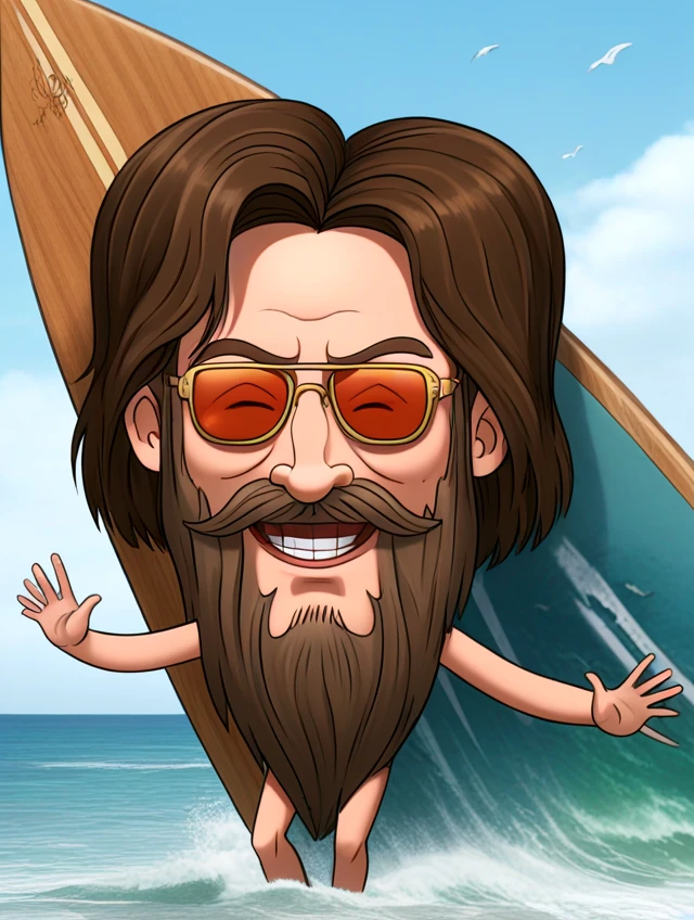 <lora:Garrett_Bobby_Ferguson_Giant_Bearded_Face PON:0.6> garrett bobby ferguson, giant bearded face, giant head, brown hair, facial hair, beard, mustache, arms and legs coming out of beard, short hair, outdoors, beach, sunglasses, surfing, surf board, ocean, waves, beautiful day, cool dude, laughing,  arms out to keep self steady, frosted blonde-tips,, source_cartoon, score_9, score_8_up, score_7_up,