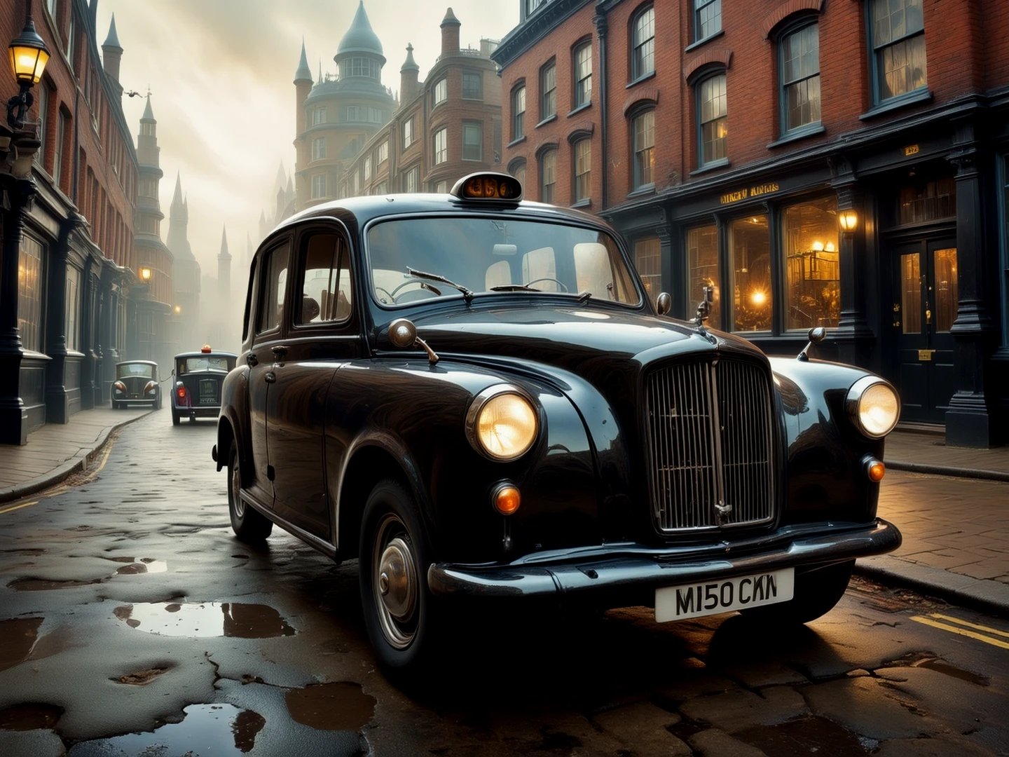 A black London cab on the street.

Atmospheric.

WhimLonCE style