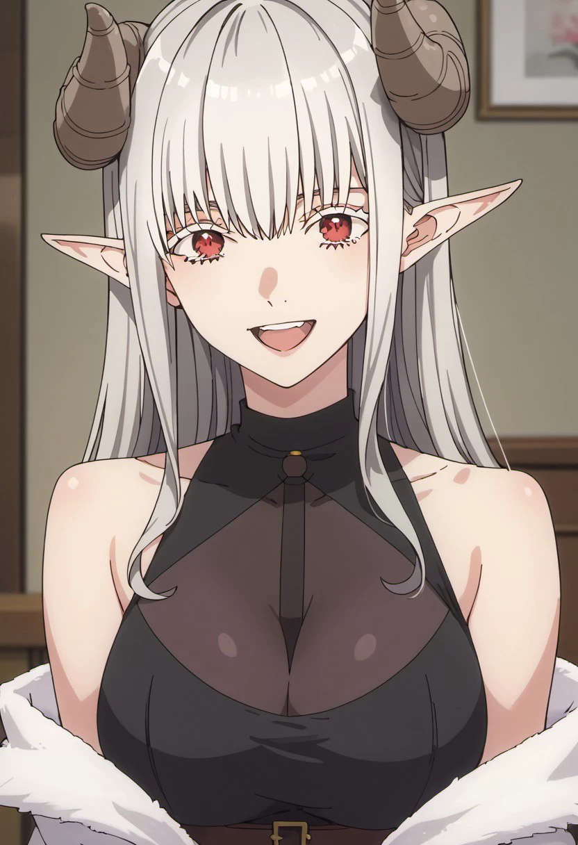 score_9, score_8_up, score_7_up, source_anime,hanyu mayuri, 1girl, red eyes, pointy ears, horns, solo, long hair, smile, open mouth, bare shoulders,demon girl,indoors, :d, grey hair