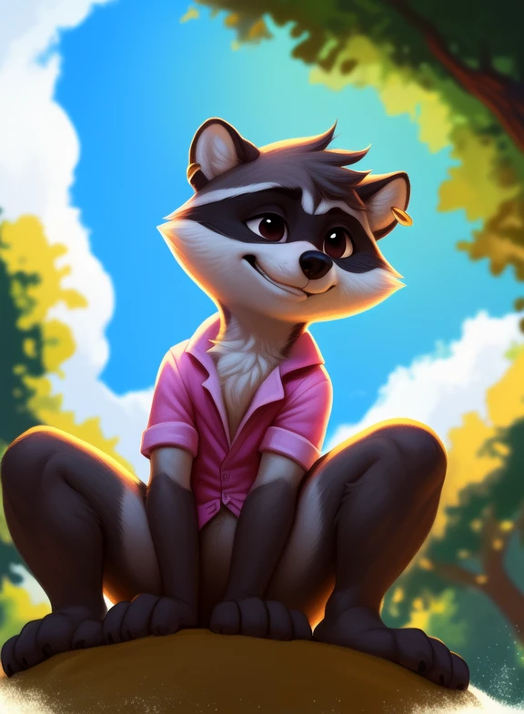 <lora:RenaldoTinTooLooYif:1> RenaldoTinTooLoo, raccoon, male, pink shirt, gray shorts, black eyes, white sclera, gold earring, chibi,
[  solo, (nature), forest, day, clouds, waterfall,  grin,]   ((cowgirl position, worm's-eye view, ))
(beautiful, aesthetic, perfect, delicate, intricate, saturated colors), masterpiece, digital drawing, best quality,
by ulitochka, by taran fiddler, by Silverfox5213, by personalami,