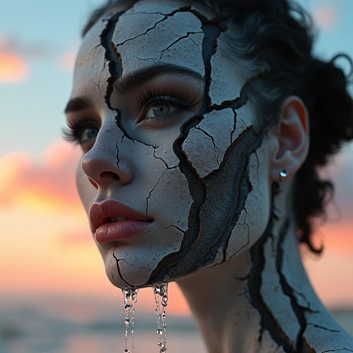 The image is a close-up portrait of a woman's face and upper body. The woman has a futuristic and futuristic appearance, with cracks and crevices that create a sense of depth and dimension. The overall mood of the image is surreal and dreamlike. The colors used in the image are mostly black and white, making the face and the droplets stand out. The overall mood of the image is surreal and dreamlike., with intricate details and patterns. The sky is a beautiful orange and pink color, with some areas appearing to be eroded and eroded. The sky is blue with a few clouds