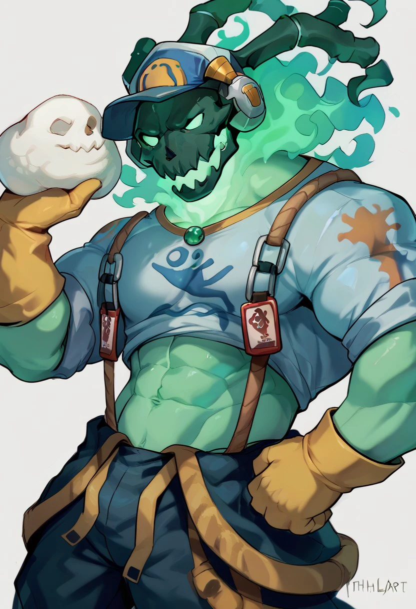 <lora:Thresh&ModekaiserPonyXLv04-000020:1>,score_9,score_8_up,score_7_up,thresh_(cleaner), thresh,league of legends+riot games+tencent,rolenzoart,|||,abs ,anthro ,biceps ,big chest ,bone ,clothed ,clothing ,gloves ,green body ,green eyes ,handwear ,looking at viewer ,male ,muscular ,muscular anthro ,muscular male ,pecs ,simple background ,skull ,skull head ,smile ,solo ,topwear,1 1+hi res,,ghost+spirit