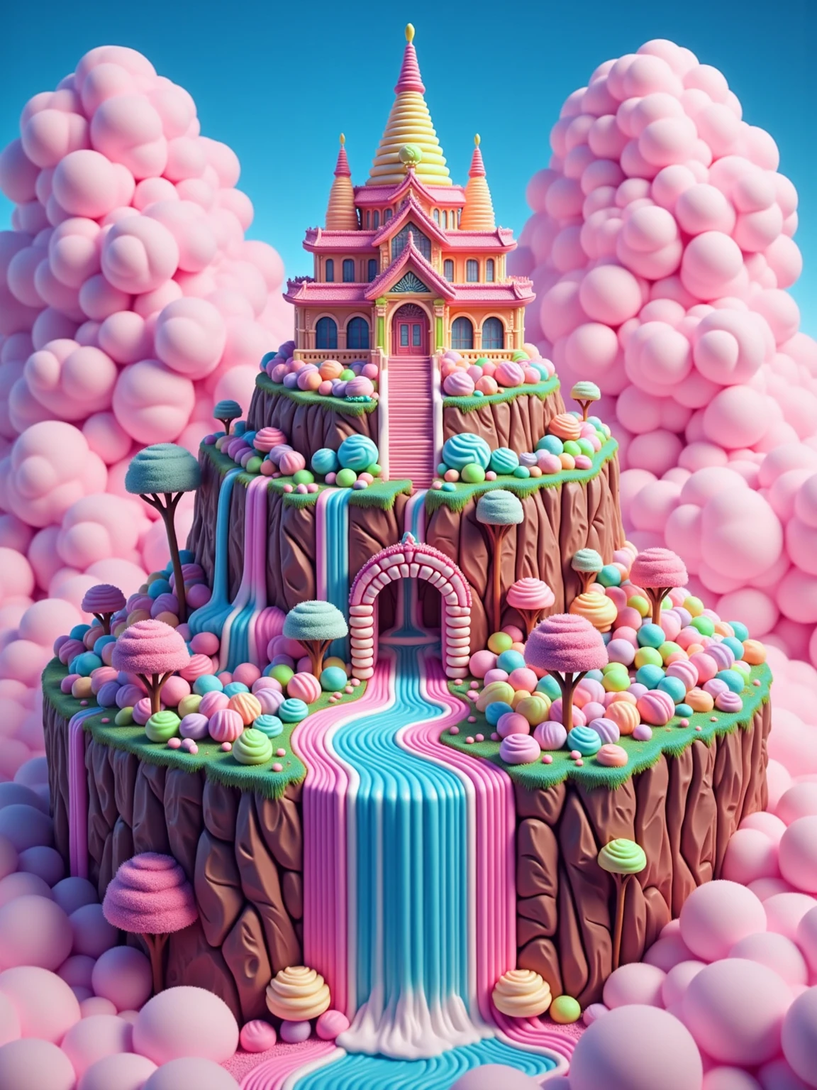 A temple sits on the peak of a towering chocolate mountain, high above the cotton candy clouds with a rainbow colored river running down the cliff, giving the impression of being on the edge of the world in candyland style. The atmosphere radiates peace and divine wisdom. forgotten magic and everything is made of candy. 