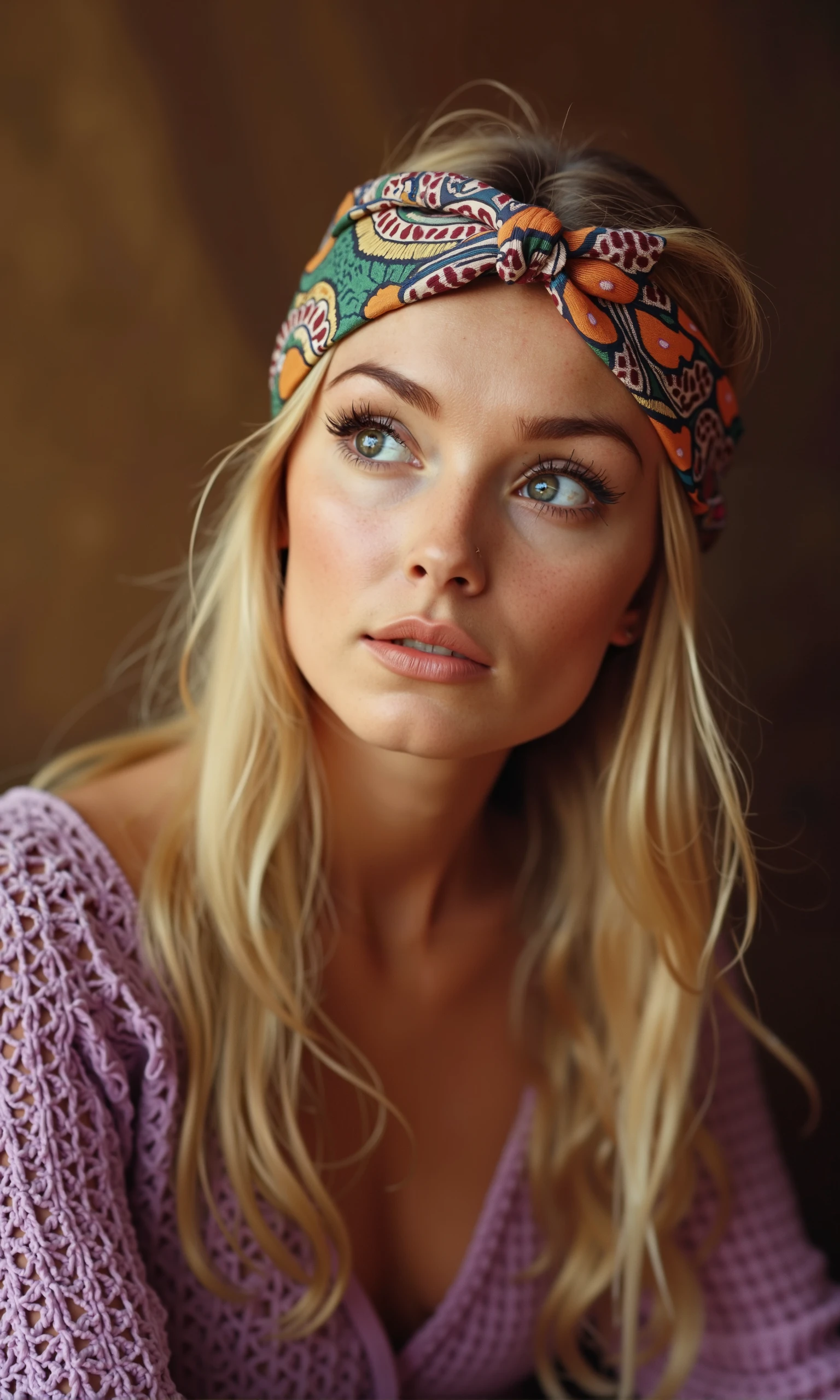 Sharon Tate is captured in a close-up portrait with a serene and introspective expression. She wears a vibrant paisley-patterned headband across her forehead, which ties into the free-spirited, bohemian style of the late 1960s. Her long blonde hair flows naturally past her shoulders, and her skin glows with a soft, sun-kissed warmth. Sharon’s facial expression is calm and slightly wistful, with her large, expressive eyes gazing slightly upward, as though deep in thought or lost in a moment of reflection. The lighting is soft, highlighting her delicate features and the smooth texture of her skin. Her lips are set in a neutral, contemplative line, which enhances the quiet, almost ethereal quality of the photograph. The warm, blurred background complements the soft tones of her purple crochet top, evoking a peaceful, nostalgic mood, capturing the essence of 1960s flower-child serenity.

The mood of the image is tranquil and reflective, perfectly conveying Sharon’s natural beauty and the effortless elegance of the era. Let me know if you'd like to further explore or modify any details!