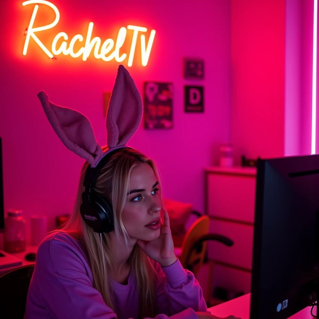 photo of a woman,A twitch streamer woman talking to the camera on her streaming setup sitting in a cute neon lit pink streamer room and wearing bunny ears. The orange neon sign in the background reads "RachelTV", rachelcay