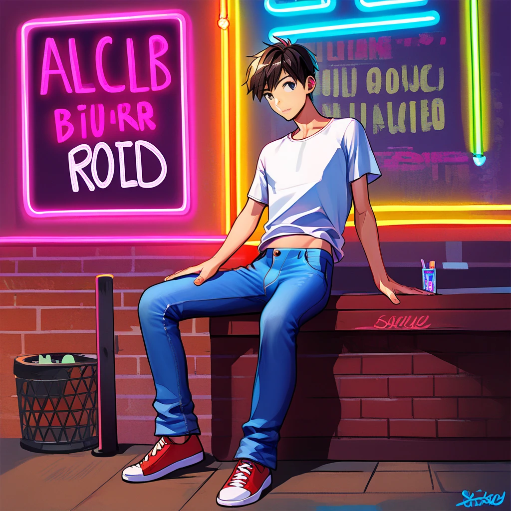 hi_res, score_9, score_8_up, (3qv:1.1), 1boy, solo, source_anime, sexy boy, (full body, slim, loose t-shirt, jeans), in a club, neon lights <lora:Standard_Poses:1>