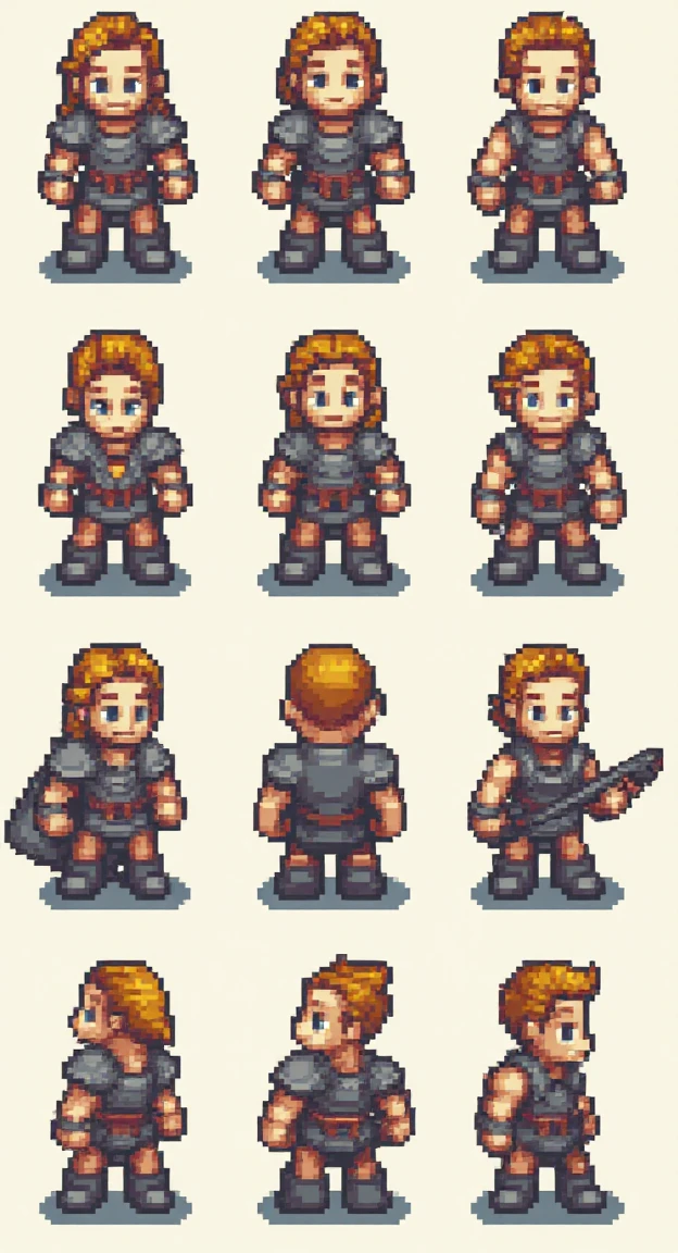 TimeFantasy, pixel art, 12 images of human character in a tilesheet, multiple poses, <lora:TimeFantasy-000011:1>