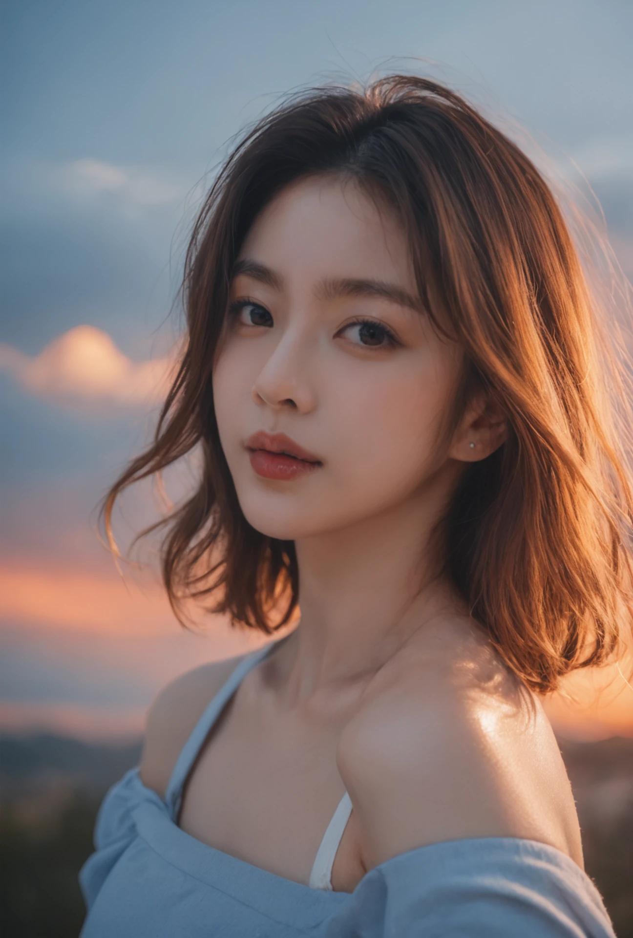 score_9, score_8_up, score_7_up, realistic, realism, film grain, photo by fuji-proplus-ii film, raw photo of 20 years old woman in off-shoulder, close up portrait, deep blue sky, cloudy sky, outdoor, high key light, soft shadow, Fiery clouds
