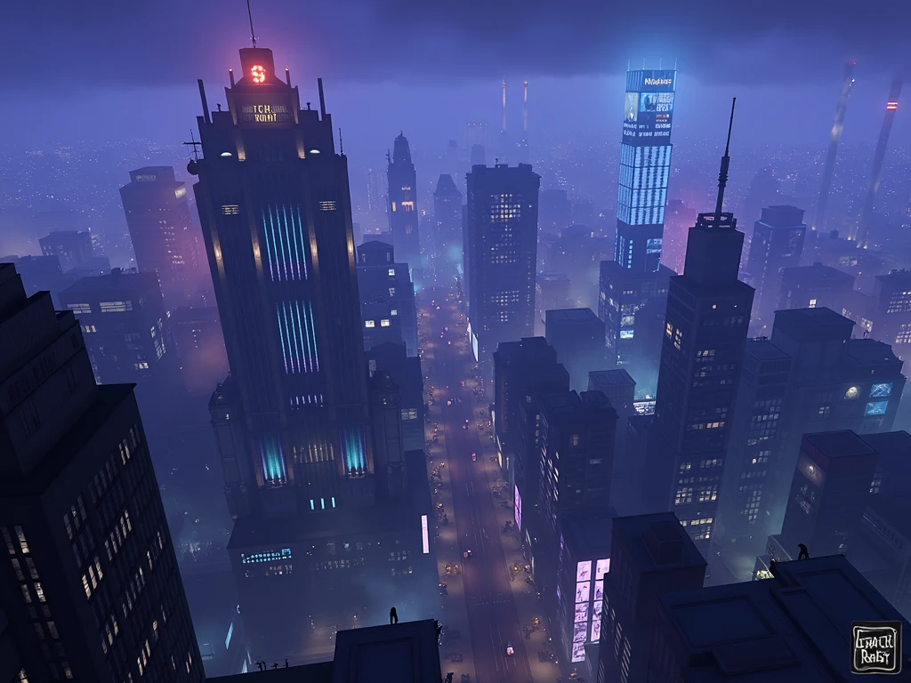 Gotham City, expansive nighttime cityscape, colossal urban sprawl stretching to the horizon, impossibly tall skyscrapers piercing the clouds, art deco and gothic architecture blended with futuristic elements, neon lights in vibrant blues and purples illuminating the perpetual darkness, holographic advertisements floating between buildings, smog-filled air creating an eerie glow, narrow streets far below teeming with hover-cars and cyberpunk vehicles, ominous gargoyles perched on building corners, distant lightning flashes revealing the city's silhouette, a faint bat signal visible in the cloudy sky, reflective glass facades mirroring the city lights, dark alleys contrast with brilliant neon signs, flying drones patrolling between buildings, monorail tracks weaving through skyscrapers, massive industrial smokestacks in the distance, hyper-detailed urban environment, moody and atmospheric, 8K resolution, photorealistic rendering, <lora:gotham-city-gotham-knights:1>