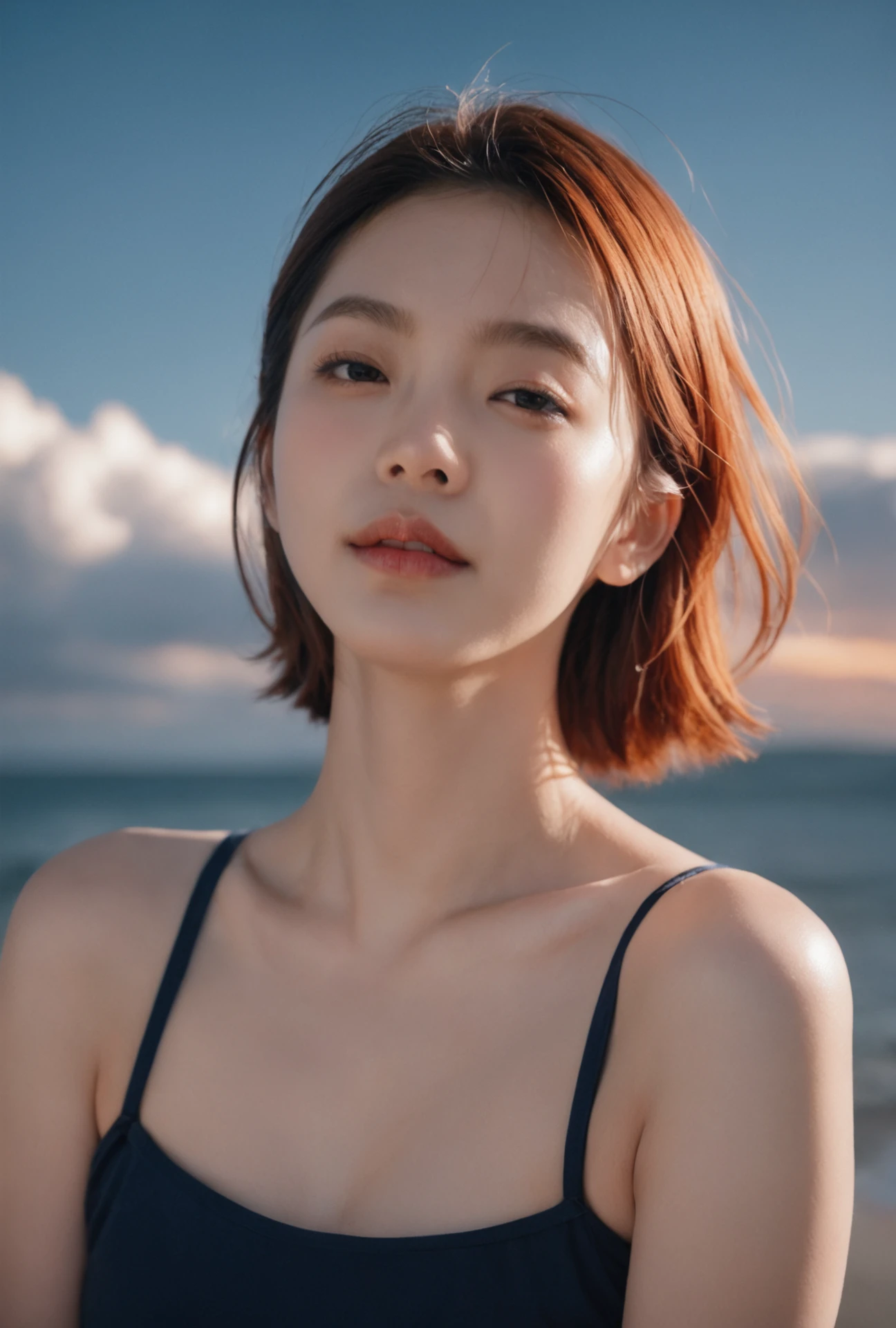 score_9, score_8_up, score_7_up, realistic, realism, film grain, photo by fuji-proplus-ii film, raw photo of 20 years old woman in off-shoulder, close up portrait, deep blue sky, cloudy sky, outdoor, high key light, soft shadow, Fiery clouds