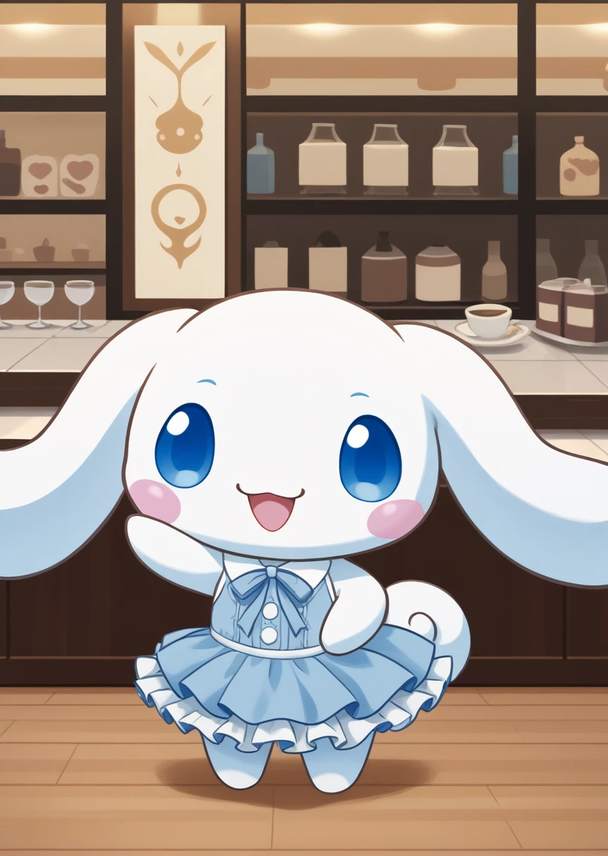 score_9, score_7_up, BREAK
source_anime, source_furry, Cinnamoroll, solo, looking at viewer, smile, open mouth, blue eyes, standing, :d, no humans, blush stickers, happy, cafe, cute, kawaii, chibi, long ears, white fur, frilly dress, frilly ribbon