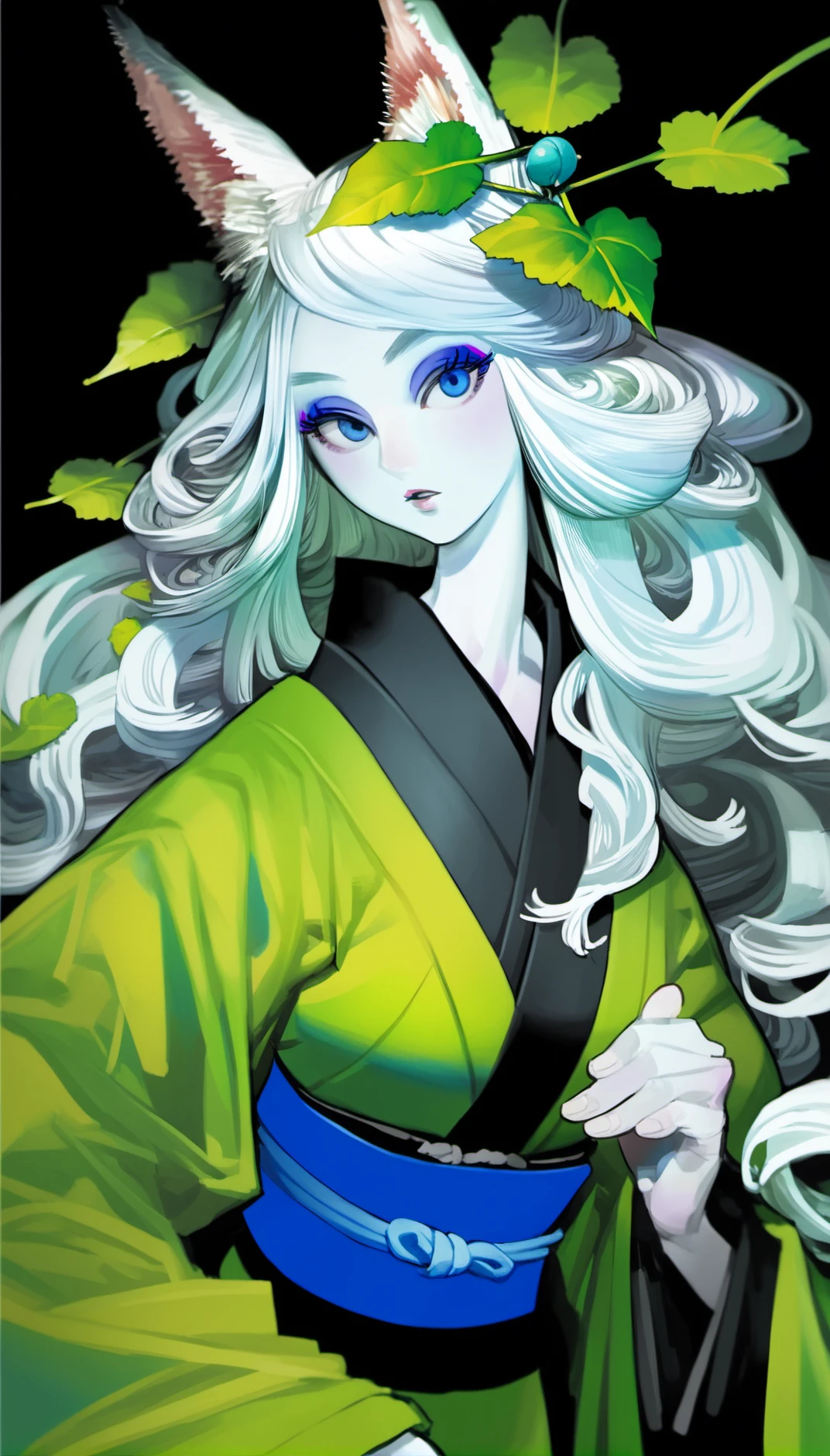 score_9,score_8_up,score_7_up,
<lora:vanillaStyle3:0.9>,
vanillastyle,
yuzuruha,1girl,solo,pale skin,white hair,long hair,wavy hair,bangs,fox ears,little green leaf on head,
blue eyes,purple eyeshadow,
looking at viewer,parted lips,green kimono,blue obi,
portrait,
black background,