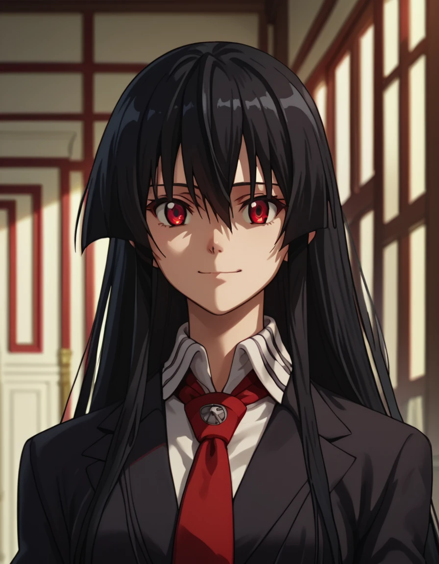 score_9, score_8_up, score_7_up, score_6_up, score_5_up, score_4_up, source_anime  <lora:AkamegaKill:1>, wide shot, soft smile Akame, black hair, red eyes, very long hair, sidelocks, red necktie,