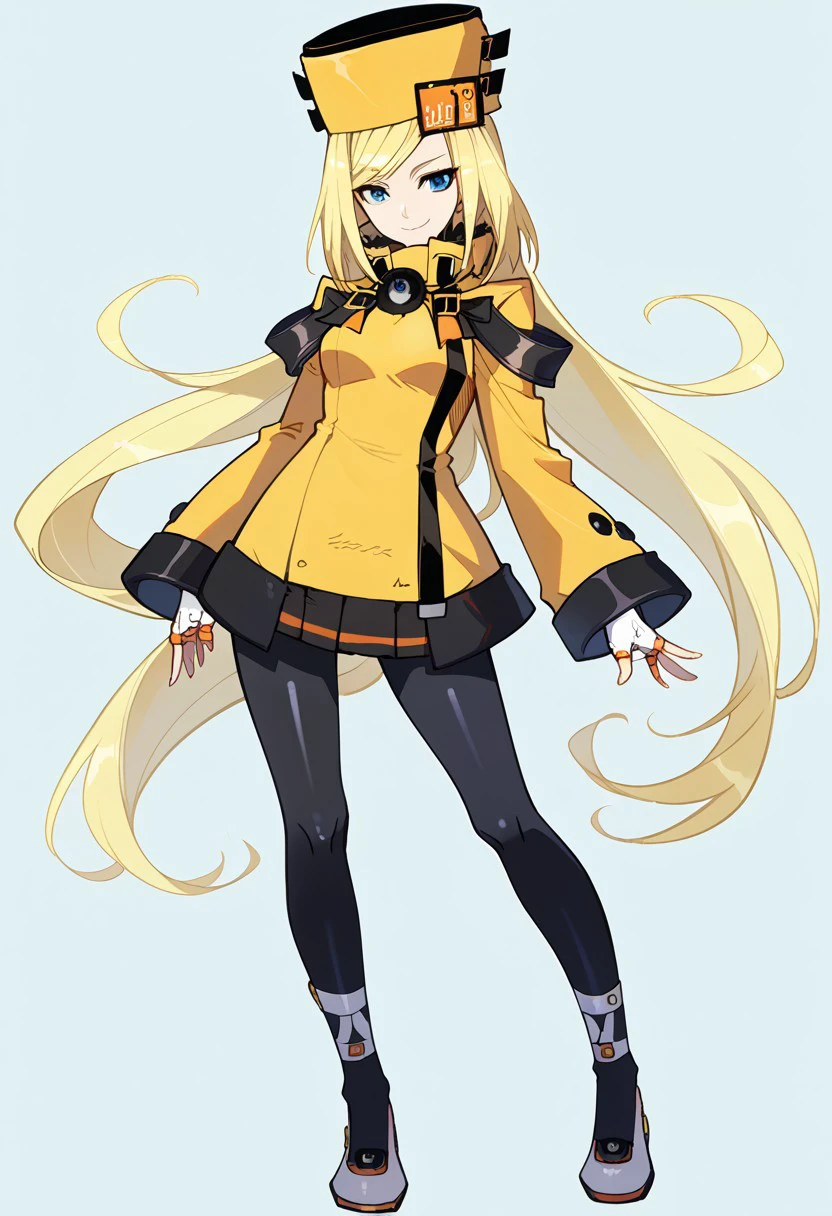 score_9, score_8_up, score_7_up, source_anime, good anatomy, solo, 1girl, 1girl, solo, MilliaRageXrd, blonde hair, very long hair, blue eyes, short yellow dress with black trim, high collar, military uniform, license plate, yellow hat with black trim, ushanka, white gloves, belts, pantyhose, sleeves past wrists, shoes, standing, contrapposto, smiling, full body