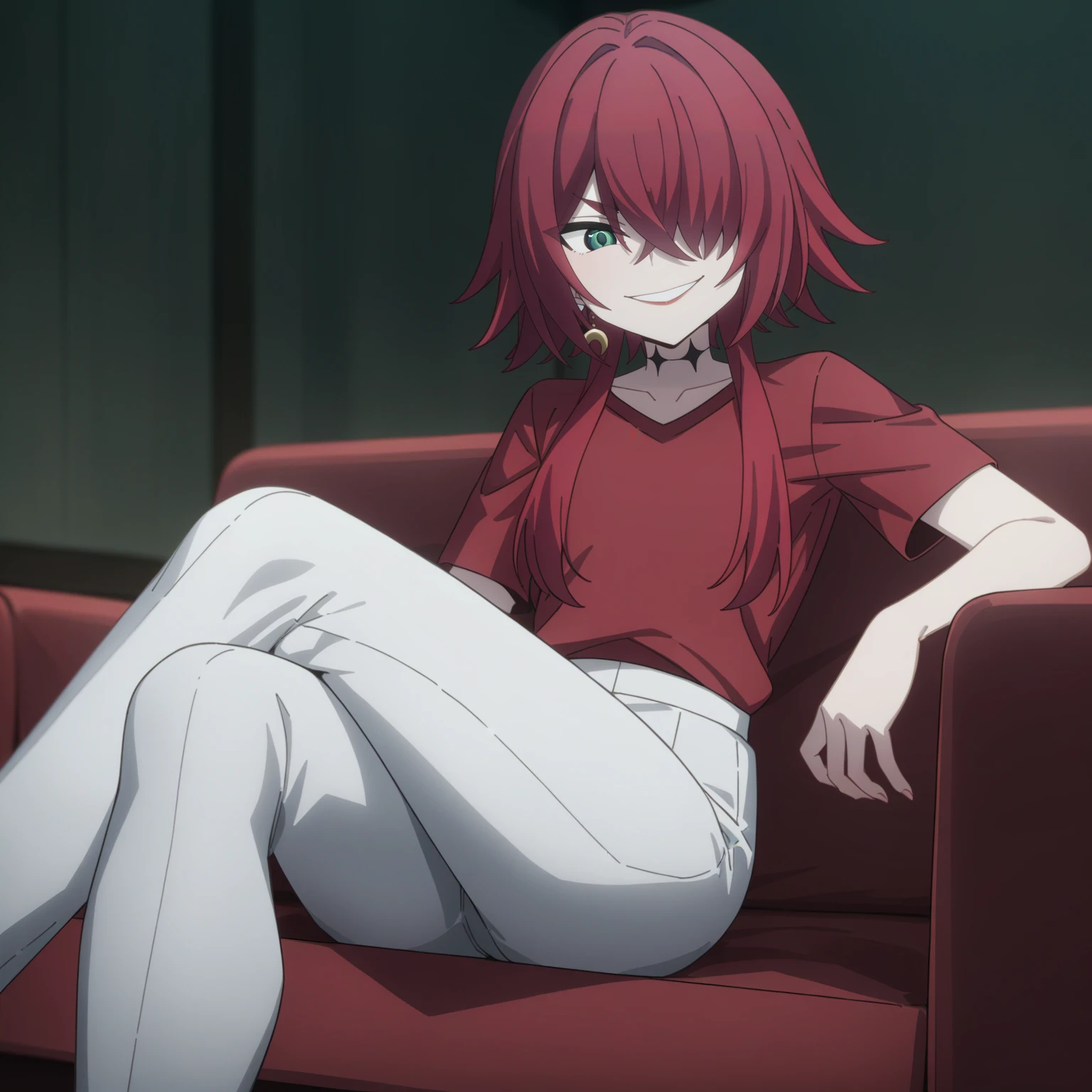 <lora:Crimson-DoRA_V1:0.85>
very aesthetic, newest, best quality, masterpiece, absurdres, crm, flat chest, hair over one eye, single earring, red t-shirt, white pants, grin, looking at viewer, indoors, sitting, on couch, crossed legs