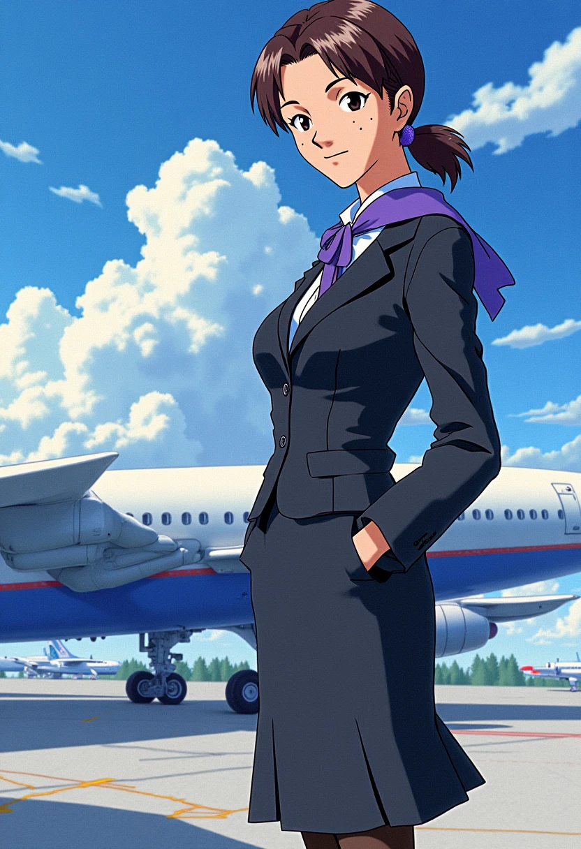 A detailed portrait of horaki hikari. She has dark brown hair.
Anime style, sharp, high contrast and highly detailed, high resolution. Ghibli anime style. Perfect anatomy. Perfect body ratio. No oversized head. No blurry, out of focus pictures. No simple background, no single color background.
She is standing in a futuristic airport, with sunshine, blue sky and white cloud in the background. She wears a sleek and professional airline attendant uniform inspired by Japanese aesthetics, similar to the uniforms of ANA (All Nippon Airways). The uniform should consist of a tailored black jacket with a subtle sheen, featuring a structured, fitted design with long sleeves and a single-button closure. Beneath the jacket, the attendant wears a light blue collared shirt, neatly tucked into a matching knee-length pencil skirt. Around the neck is a silk scarf in a vibrant, bold color such as purple or blue, tied elegantly to add a touch of flair and sophistication. The outfit is complemented by sheer black tights and polished black dress shoes with low heels, designed for both style and comfort. She looks mature, gentle and elegant. She is looking at the viewer with a beautiful smile. anime still, highly detailed.
<lora:Hikari Horaki - Flux Prototype_epoch_2:1>