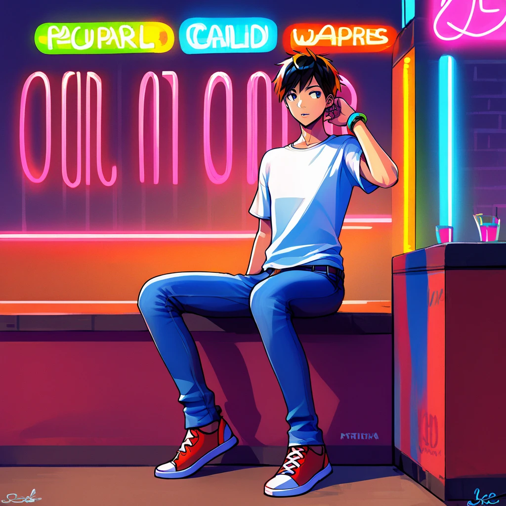 hi_res, score_9, score_8_up, (3qv:1.1), 1boy, solo, source_anime, sexy boy, (full body, slim, loose t-shirt, jeans), in a club, neon lights <lora:Standard_Poses:1>