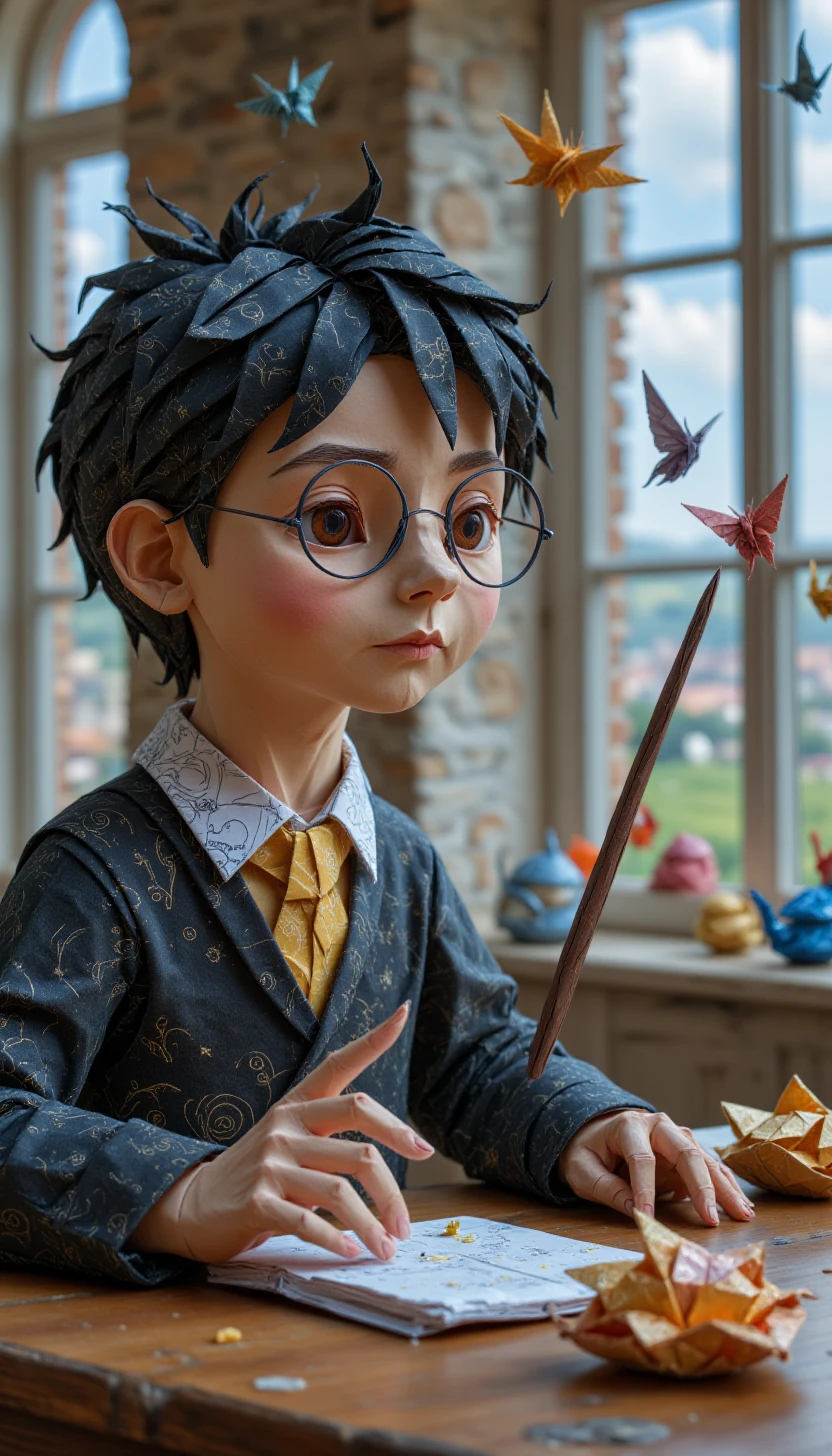 0r1gam1styl3, origami art, Harry Potter wearing glasses playing with his wizard wand
